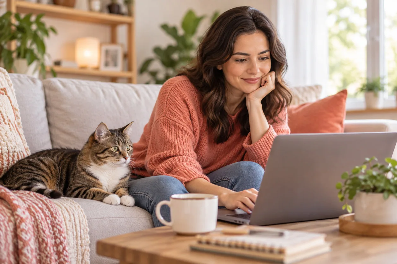 Owner using a laptop with a cat resting beside her